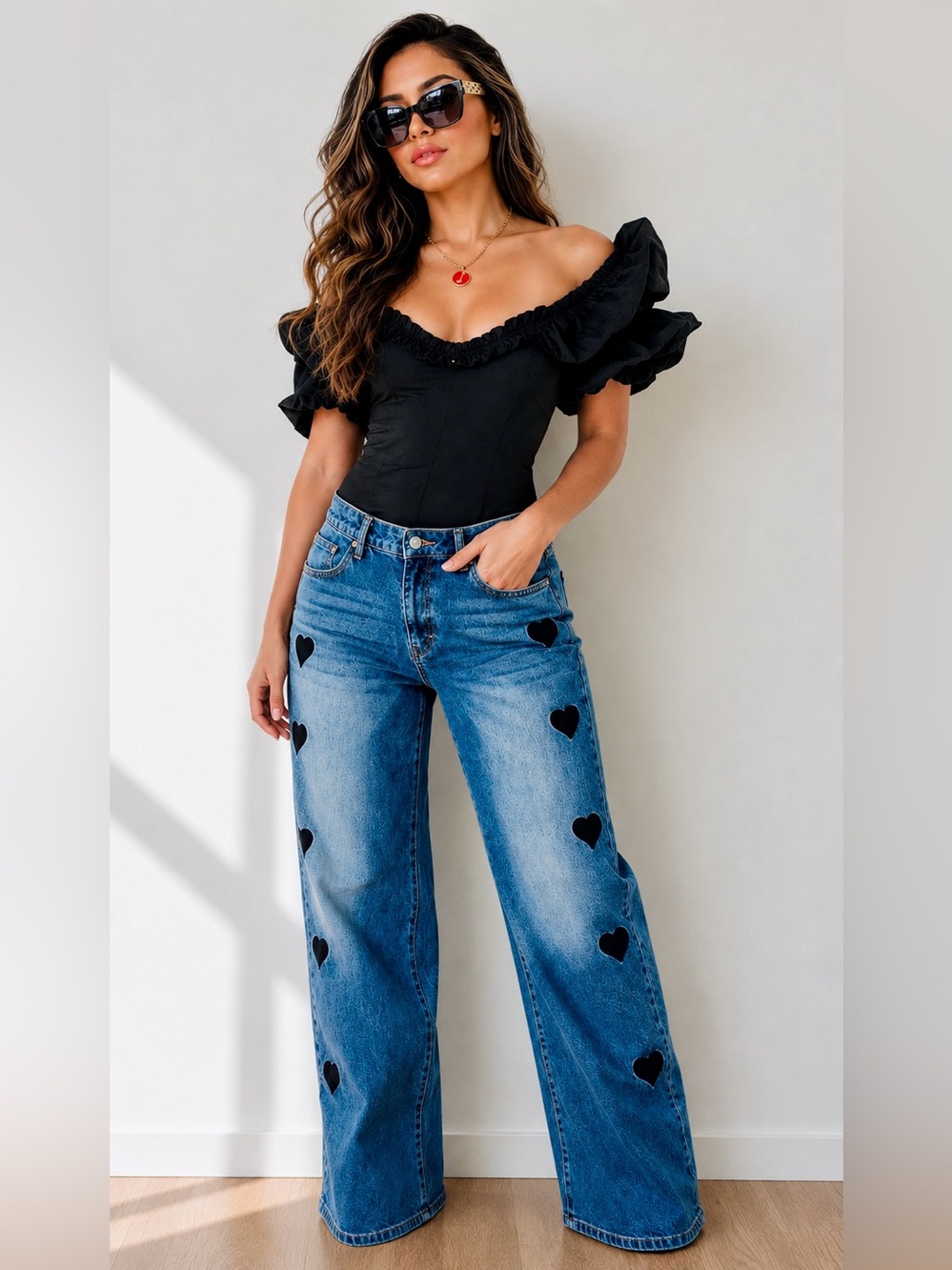 Madden NYC Ultra '90s Heart Embroidered Wide Leg Jeans |NWT Women's Size 14